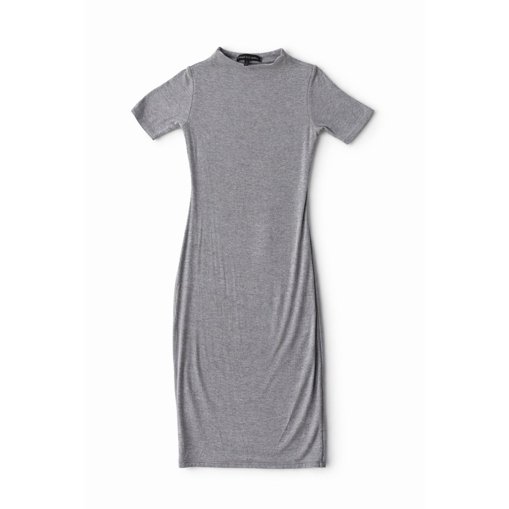 Naked Wardrobe S gray knit Bodycon Midi Dress short sleeve mock neck pullover